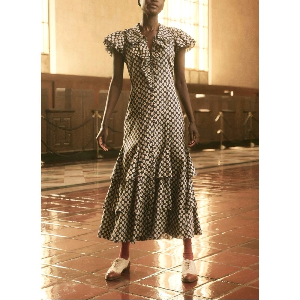 NWT THE GREAT. Maxi Floral Ruffle The Curtsy Button-Front Dress